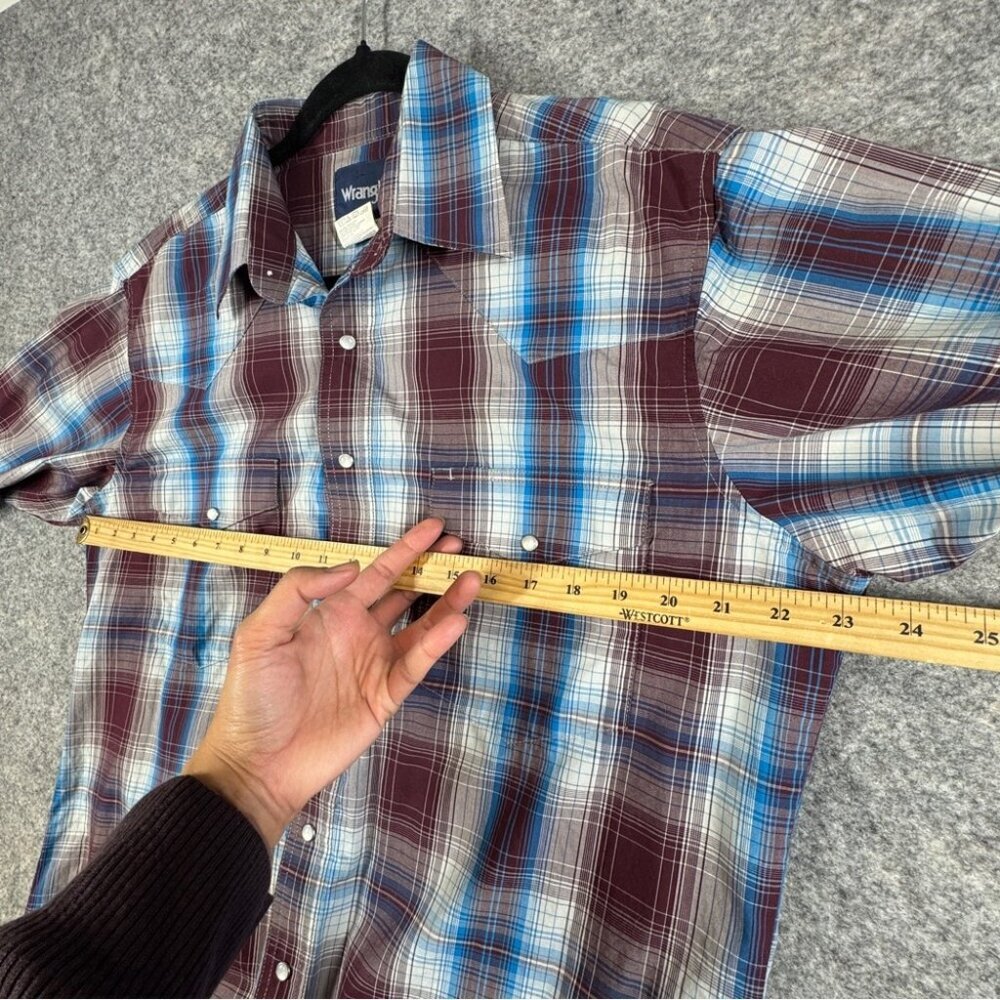 Vintage Wrangler Plaid Western Burgundy Pearl Snap Button Shirt L Tall Cotton - Picture 5 of 14